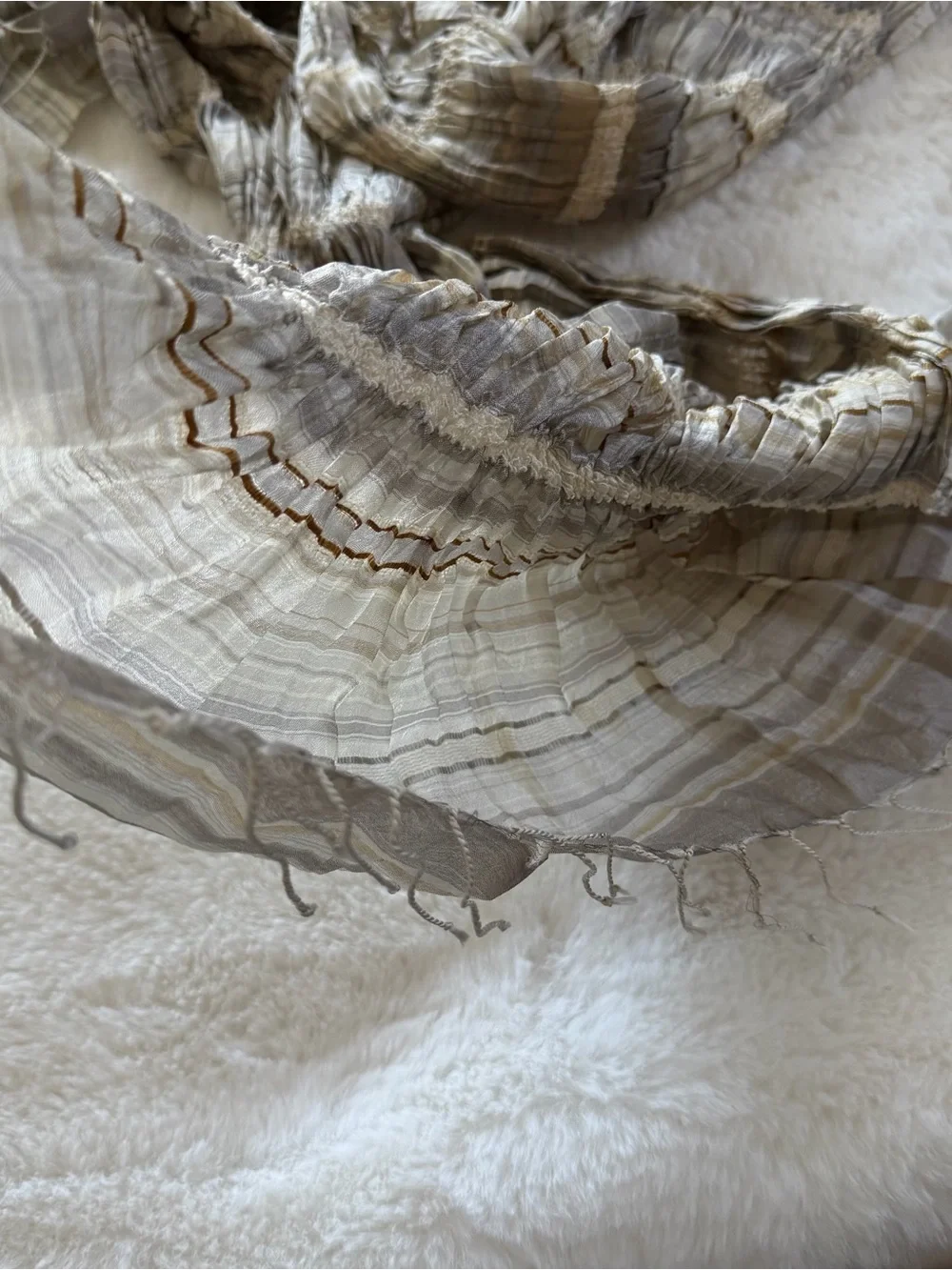 Eileen Fisher 100% Silk Crinkle Scarf Wrap Gray Taupe Stripe Fringe MSRP $179